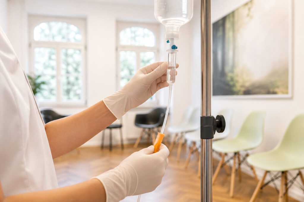 Vorbereitung einer Infusion in der Praxis Sennewald in Halle